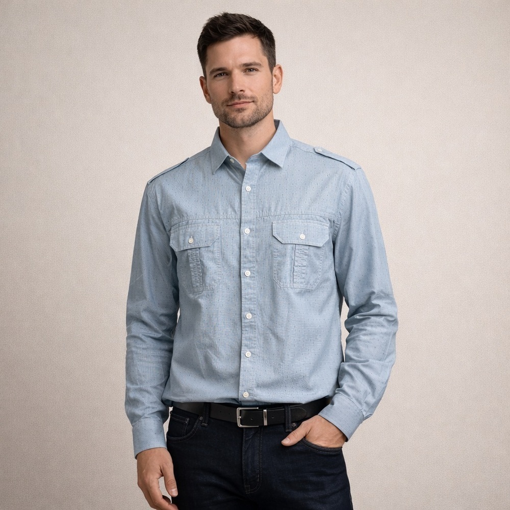Kenneth Cole Reaction Blue Micro Check Western Shirt Men’s Small Rodeo Cowboy